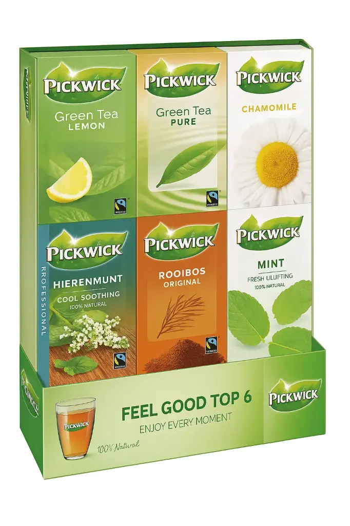 Boîte à thé (150 pièces) Assortiment de saveurs Pickwick Green tea lemon, Green tea pure, Camomille, Hieremunt,Rooibos, mint